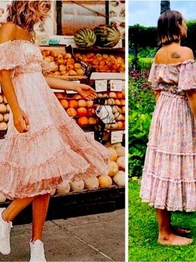 Anthropologie Love the Label Pink Floral Off-Shoulder Midi Dress